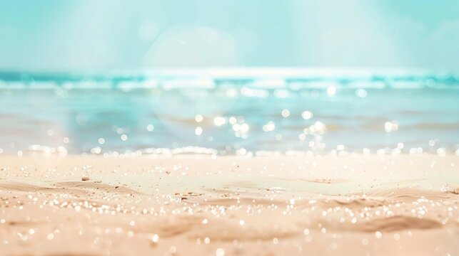 Natural blurred defocused background for concept summer vacation Nature of tropical summer beach with rays of sunlight Light sand beach ocean water sparkles against blue sky : Generative AI