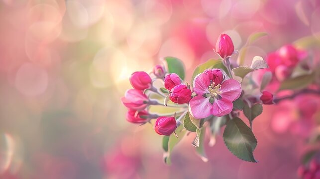 Beautiful apple tree unblown flowers close up spring blooming red flowers on blurred bokeh background copy space Aesthetic nature scenic photo fresh blooms at springtime seasonal flowe : Generative AI
