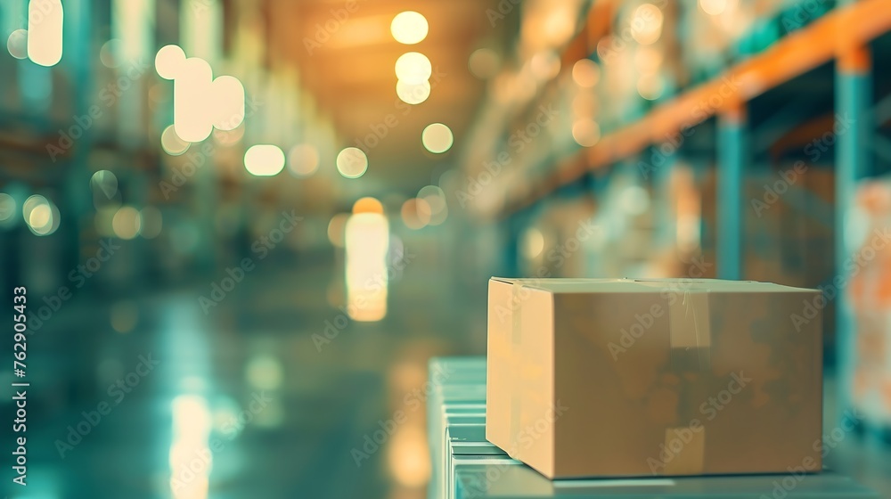 Aufkleber Blur warehouse background Blurred store factory industry warehouse space and hardware box for delivery with bokeh light background business logistic distribution storage cargo concept : Generative AI