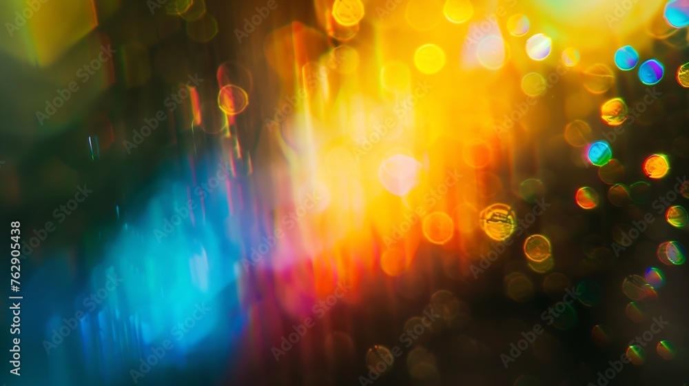 Aufkleber Blur colorful warm rainbow light leaks on black background with dust texture Defocused abstract damaged scratched retro film analog effect for using over photos as overlay or screen fi : Generative AI