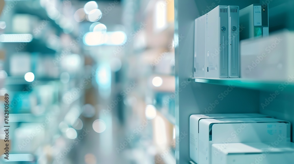 Poster Blurred abstract image of the electronic device shelf in the living room Selling in the middle of a department store background : Generative AI