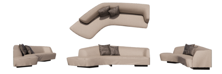 Curved modern sofa, living room, isometric sofa, sofa with pillows mockup, top view, font view, side view, isolated,perspective, rendering