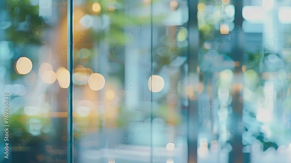 Aufkleber blur office background building exterior view to lobby glass window wall with blurry light bokeh : g