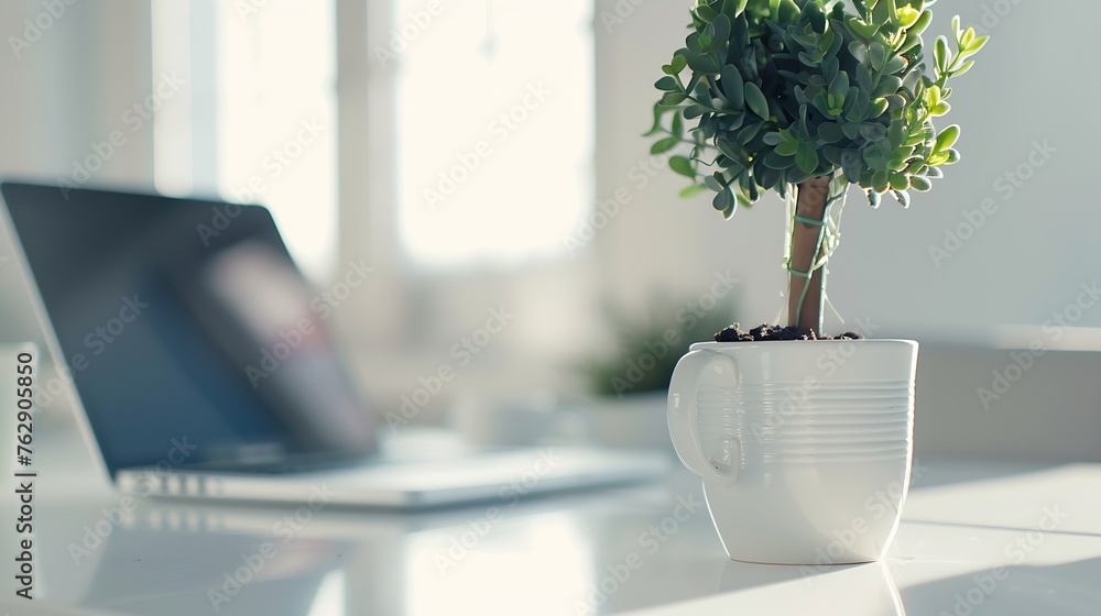 Poster close up view of simple workspace with laptop notebooks coffee cup and tree pot on white table with 