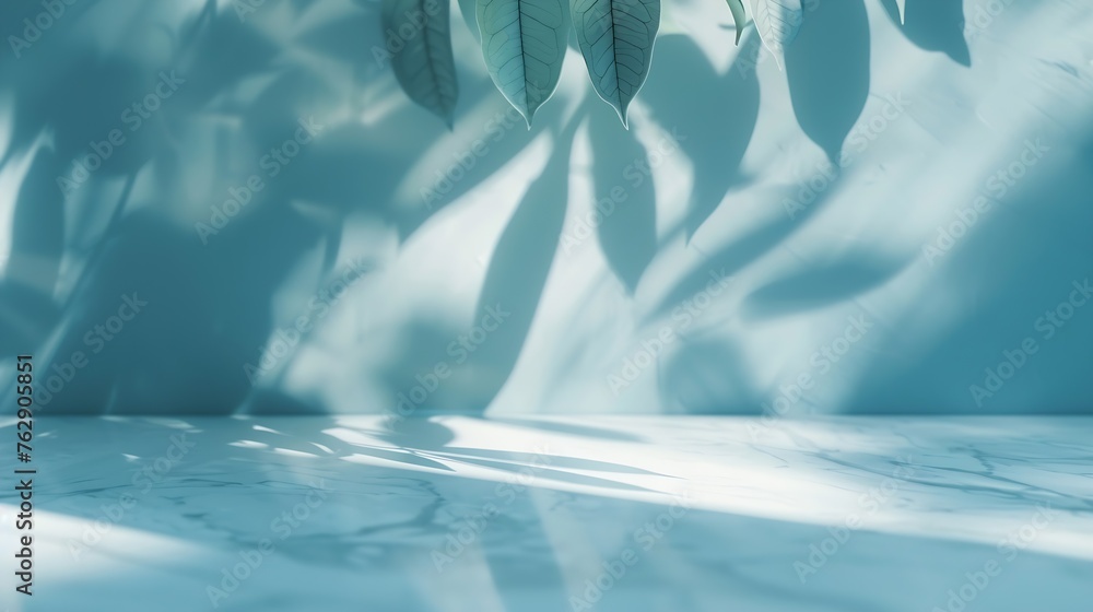 Poster minimalistic light background with blurred foliage shadow on a light blue wall beautiful background 