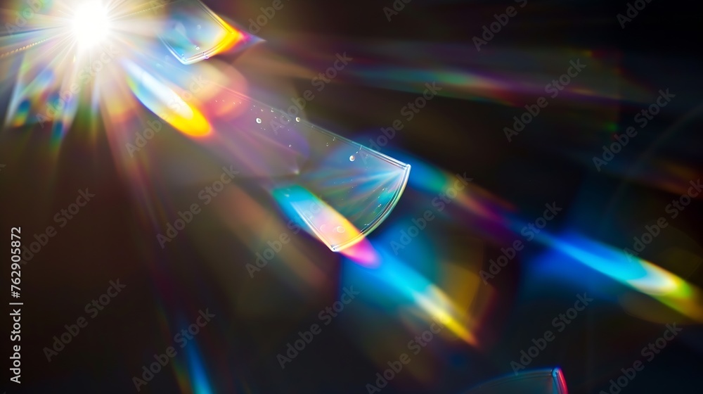 Fototapete blue light flare prism rainbow flares overlay effect on black background light crossing crystals pri