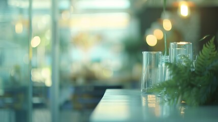Abstract blurry perspective home light inside window restaurant glass reflected room morning background lifestyle food store banner design blur city white bokeh breakfast hotel bar sof : Generative AI - obrazy, fototapety, plakaty