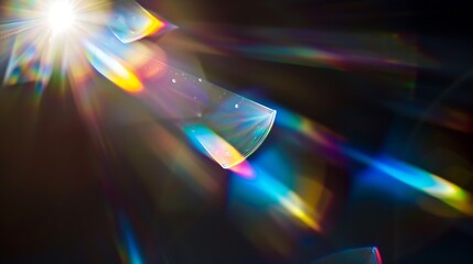 Blue light flare prism rainbow flares overlay effect on black background light crossing crystals...