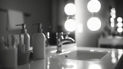 Modern bathroom with faucet and lighting  mirror monochrom interior blurred background : Generative AI