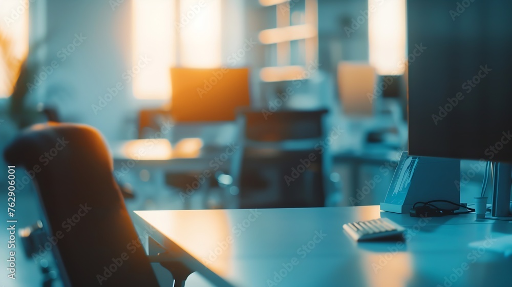 Poster Modern business office without people with blurred bokeh background tables chairs computers copy space High quality photo : Generative AI