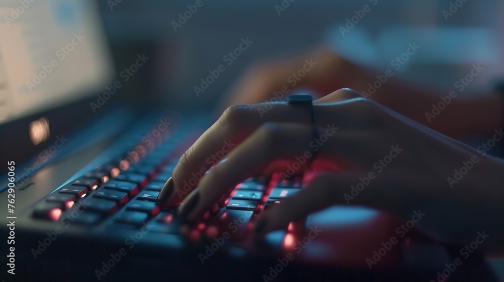 Aufkleber blurred female hands typing on keyboard laptop computer business education and programming concept :
