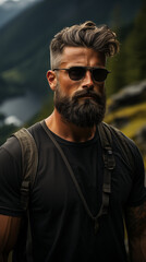 Fototapeta premium 28 year old man with fade cut black hair combed to the side, no beard, with fade cut beard, is on a mountain at the top