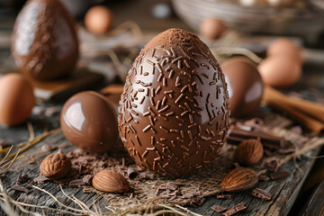 Easter chocolate egg tradition emerged in the th century and entered the traditions of the holy week festivities. It is a sweet and colorful symbol of the holiday. - obrazy, fototapety, plakaty