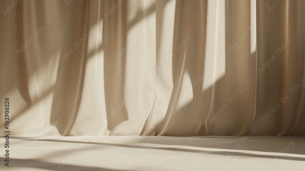 Poster Minimalistic abstract gentle light beige background for product presentation with light and shadow of window curtains on wall : Generative AI