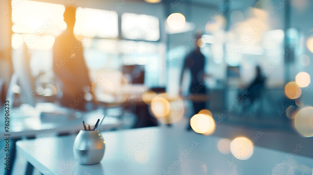 Poster businessmen blur in the workplace or work space of table work in office with computer or shallow dep