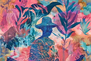 A vibrant wallpaper design featuring a rice farmer surrounded by abstract botanical motifs and dynamic patterns, reflecting the vitality and energy of agricultural life, Generative AI