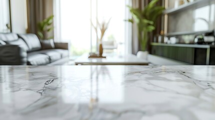 Empty marble counter copy space on marble table for your product in blurred living room background : Generative AI