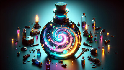 Mystical Potion Bottle with Swirling Galaxy Inside on Alchemist Table - obrazy, fototapety, plakaty