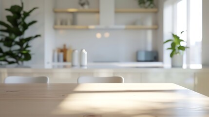 Blurred view of modern kitchen with white furniture with wooden table : Generative AI