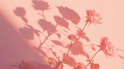 Natural flower shadows are blurred on light pink rose pastel color wall at home at sunrise Cosmetic organic with minimal concept : Generative AI