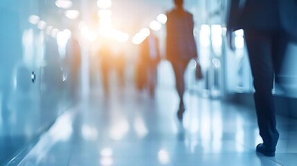 businesspeople walking in the corridor of an business center pronounced motion blur crowded bright modern light office movement defocused office background busy : Generative AI