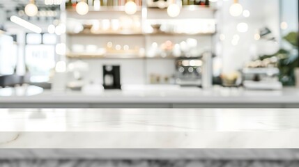 White table and blur kitchen background Empty white marble counter shelf table top over blur store shop with abstract bokeh light background Product and food display desk banner mockup : Generative AI