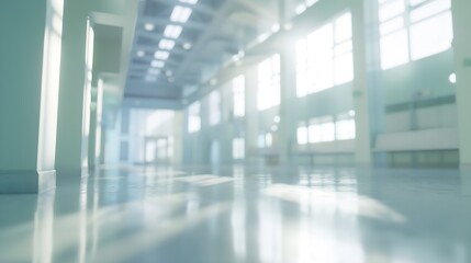 BLURRED MEDICAL BACKGROUND EMPTY LIGHT HOSPITAL HALL WITH BIG WINDOWS AND BOKEH LIGHTS : Generative AI