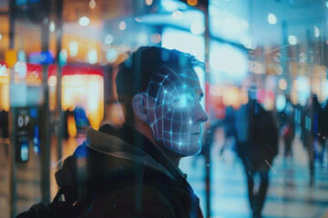 Man with a facial recognition scan overlay at an airport