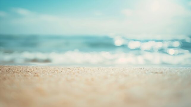 Seascape abstract beach background blur bokeh light of calm sea and sky Focus on sand foreground : Generative AI