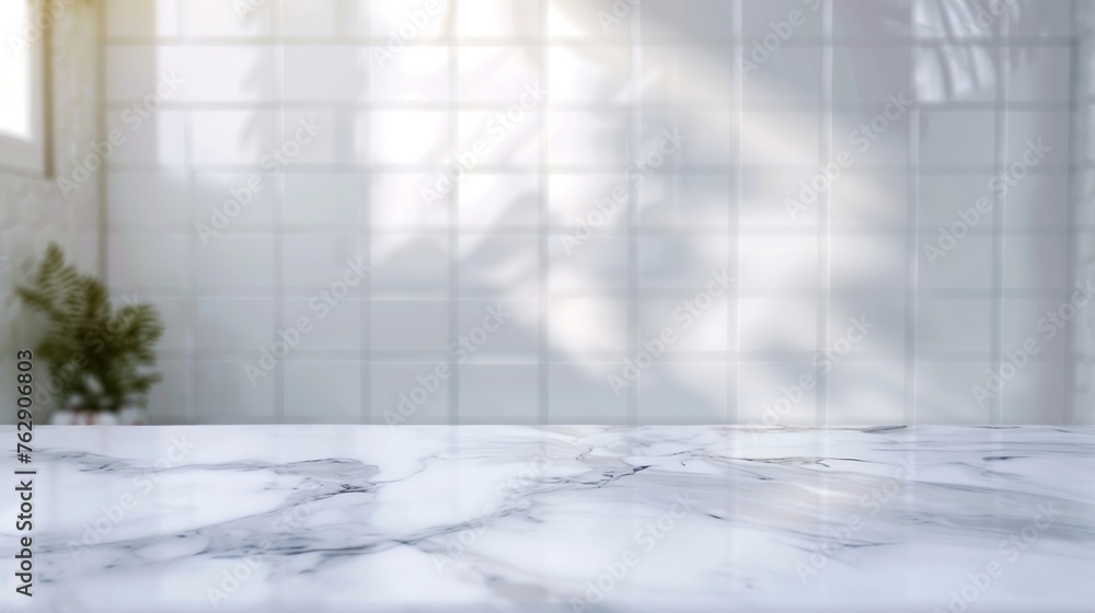 Poster empty white marble table top with blur tile wall bathroom background : generative ai