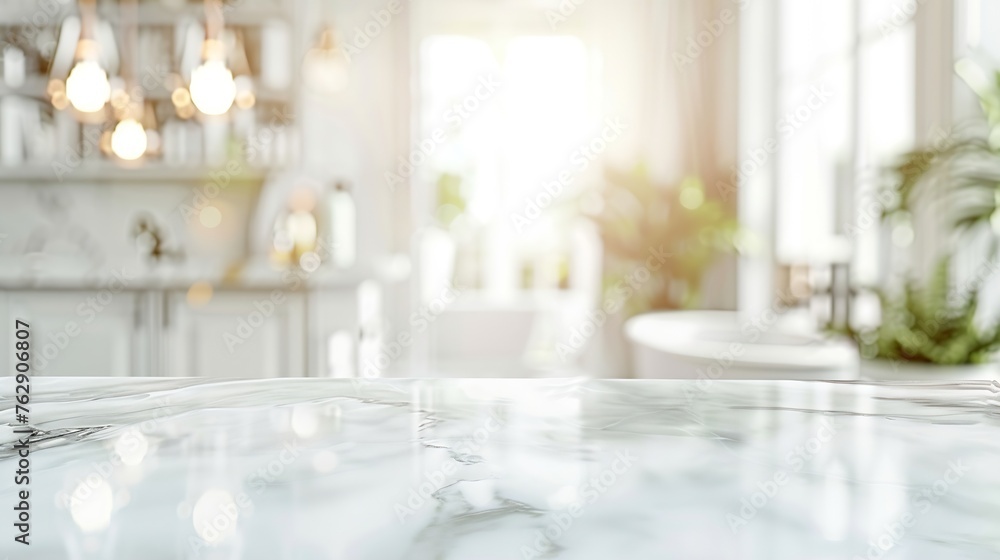 Poster empty marble top table with blurred bathroom interior background for product display montage : gener