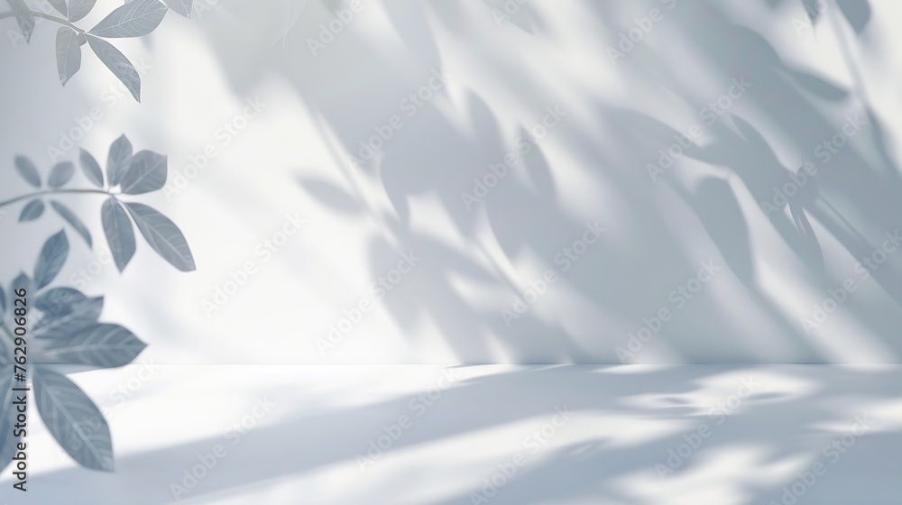 Aufkleber Minimalistic light background with blurred foliage shadow on a white wall Beautiful background for presentation with with smooth floor : Generative AI
