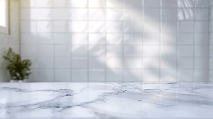 Empty white marble table top with blur tile wall bathroom background : Generative AI