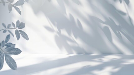Minimalistic light background with blurred foliage shadow on a white wall Beautiful background for presentation with with smooth floor : Generative AI