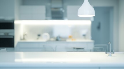 Blurred view of modern kitchen with white furniture : Generative AI