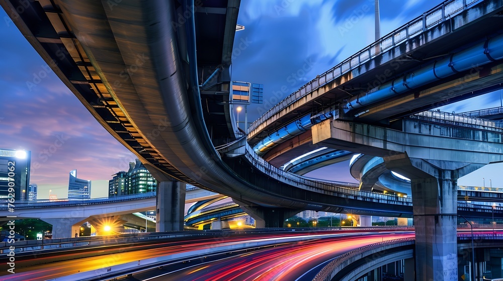 Poster highway overpass motion blur with city background : generative ai