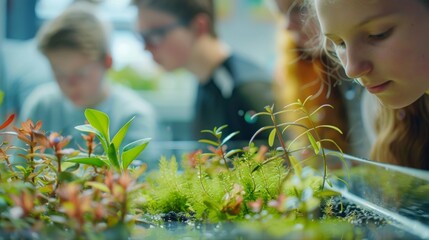 Fototapeta premium In a classroom students gather around a miniaquarium filled with plants and fish. They carefully observe and record the interactions between the two learning about the delicate