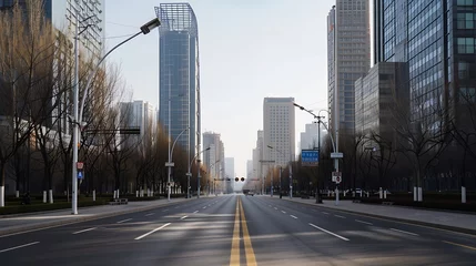 Wandcirkels aluminium city road through modern buildings in beijing : Generative AI © Generative AI
