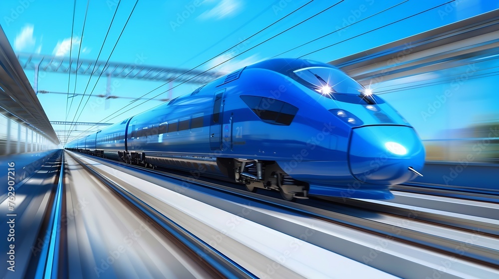 Poster Blue high speed train runs on rail tracks  The train is going too fast as a result the air pressure is causing too much heat at the front : Generative AI