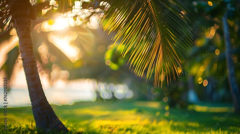 Poster blur nature bokeh green park by beach and tropical coconut trees in sunset time : generative ai
