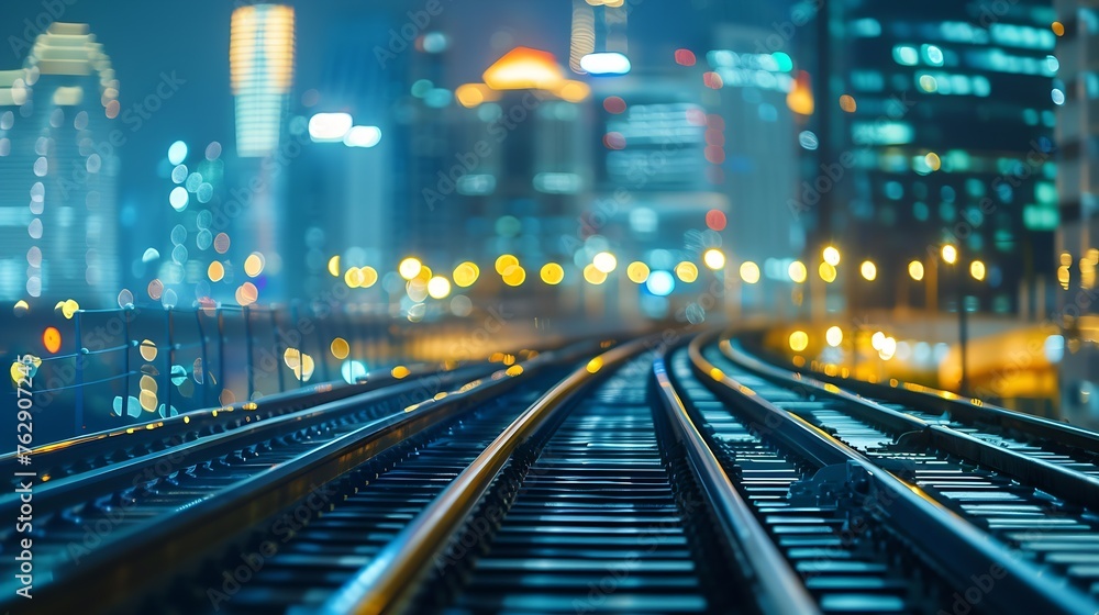 Poster double exposure train track with blurred light city office building night view abstract background :