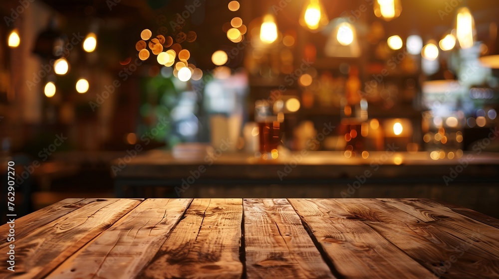 Aufkleber Empty brown wooden table and blur background of resturant lights can be used for montage or display your products with copy space business concept : Generative AI