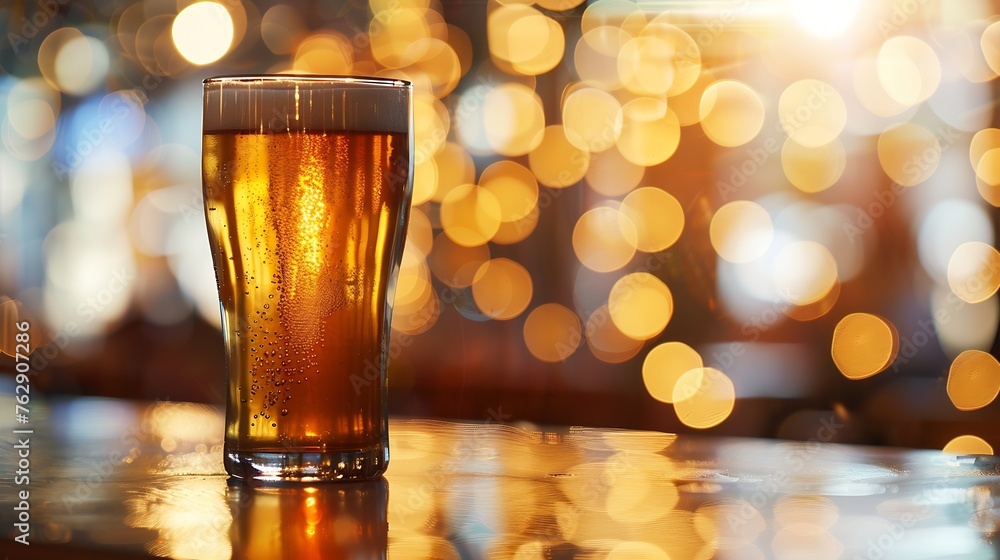 Aufkleber Glass of chilled beer on table and blurred sparkling bar background : Generative AI