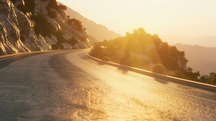 Empty long mountain road to the horizon on a sunny summer day at bright sunset with motion blur Backplate or Backdrop background : Generative AI - obrazy, fototapety, plakaty