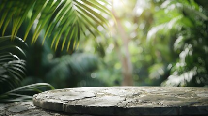 Stone tabletop counter podium floor in outdoor tropical garden forest blurred green palm leaf plant...