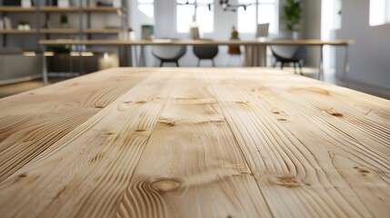 Blank tabletop made of wooden planks with light contemporary furnished office on background mockup : Generative AI