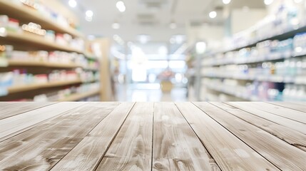 Empty natural wood counter top with blur pharmacy background : Generative AI