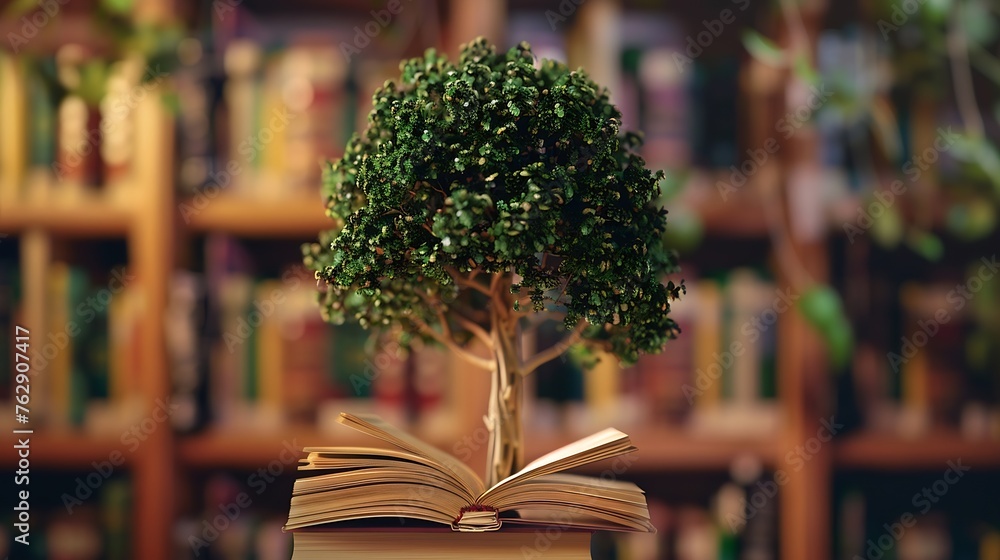 Poster wooden tree with books on blur background of library with bookshelf flawless : generative ai