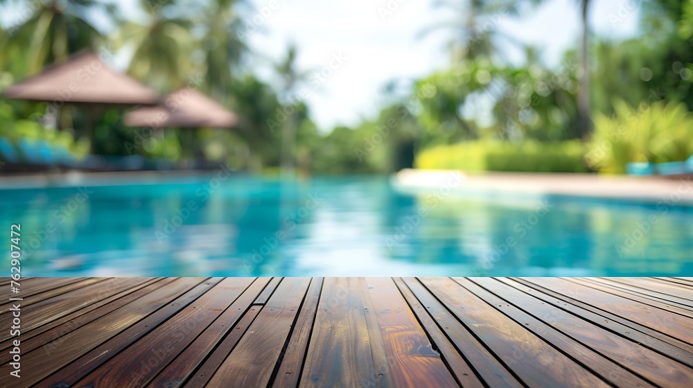Poster Empty table top and blurred swimming pool in tropical resort in summer for display or montage your products : Generative AI