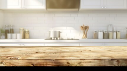 Empty beautiful wood table  top counter  and blur bokeh modern kitchen interior background in clean and brightBanner Ready for product montage : Generative AI
